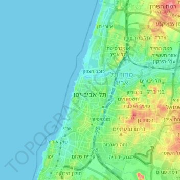 Mapa topográfico Tel-Aviv, altitud, relieve