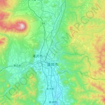 Mapa topográfico Morioka, altitud, relieve