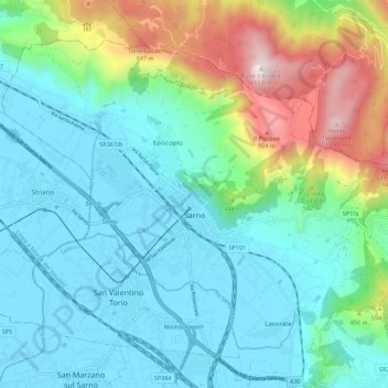 Mapa topográfico Sarno, altitud, relieve