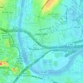 Mapa topográfico Harrison, altitud, relieve