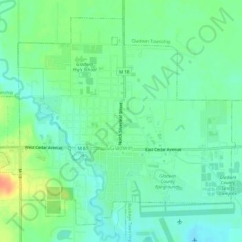 Mapa topográfico Gladwin, altitud, relieve