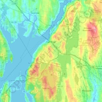 Mapa topográfico Fall River, altitud, relieve