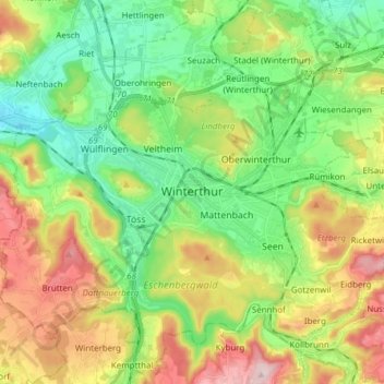 Mapa topográfico Winterthur, altitud, relieve