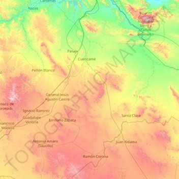 Mapa topográfico Cuencamé, altitud, relieve