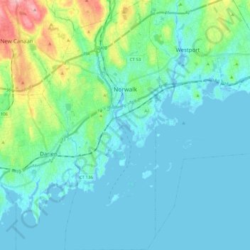 Mapa topográfico Norwalk, altitud, relieve