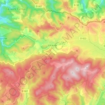 Mapa topográfico Lacaune, altitud, relieve