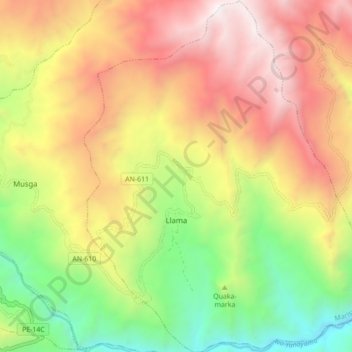 Mapa topográfico Llama, altitud, relieve