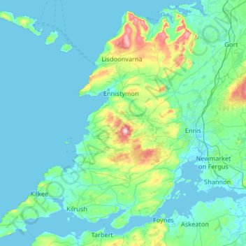 Mapa topográfico West Clare Municipal District, altitud, relieve
