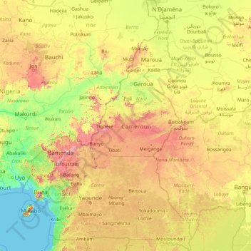 Mapa topográfico Cameroun, altitud, relieve