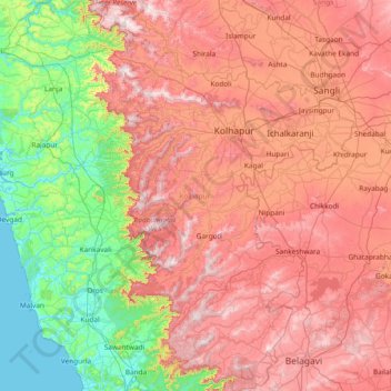 Mapa topográfico Kolhapur district, altitud, relieve