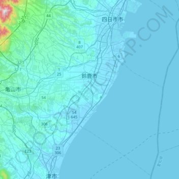Mapa topográfico 鈴鹿市, altitud, relieve