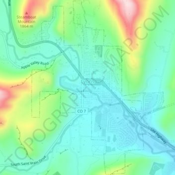 Mapa topográfico Lyons, altitud, relieve