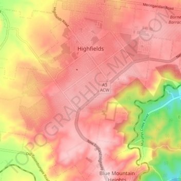 Mapa topográfico Highfields, altitud, relieve