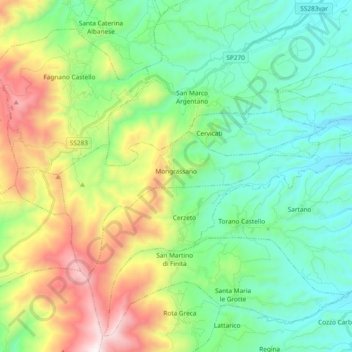 Mapa topográfico Mongrassano, altitud, relieve