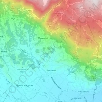 Mapa topográfico Sarmede, altitud, relieve