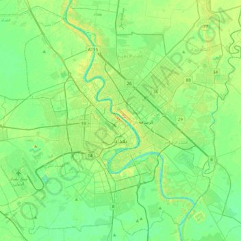 Mapa topográfico Bagdad, altitud, relieve
