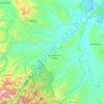 Mapa topográfico Ixhuatlán de Madero, altitud, relieve