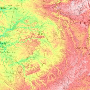Mapa topográfico Champaña-Ardenas, altitud, relieve