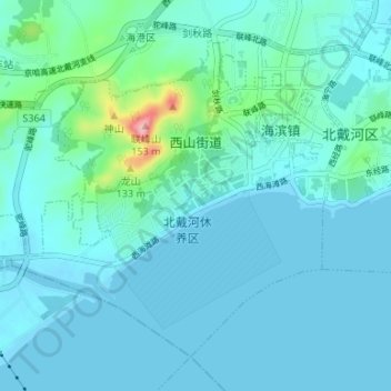 Mapa topográfico 西山街道, altitud, relieve