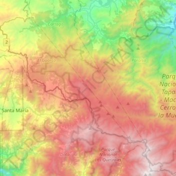 Mapa topográfico Orosi, altitud, relieve