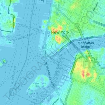 Mapa topográfico Manhattan Community Board 1, altitud, relieve