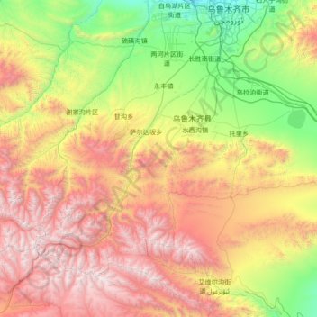 Mapa topográfico 乌鲁木齐县, altitud, relieve