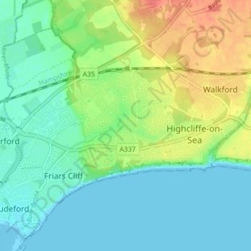 Mapa topográfico Highcliffe and Walkford, altitud, relieve