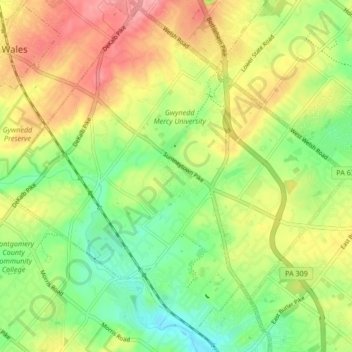 Mapa topográfico Lower Gwynedd Township, altitud, relieve