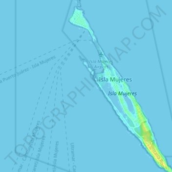Mapa topográfico Isla Mujeres, altitud, relieve