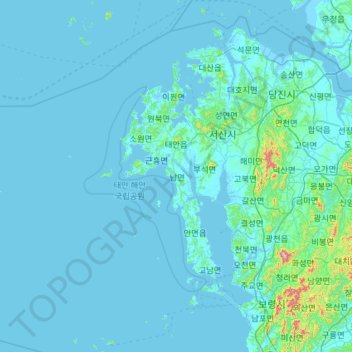 Mapa topográfico 태안군, altitud, relieve
