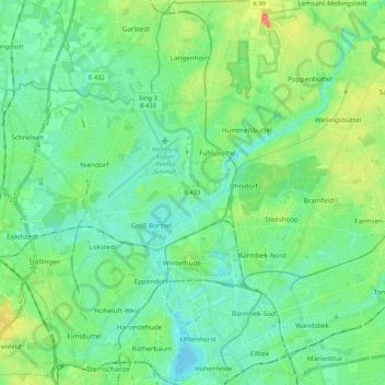 Mapa topográfico Hamburg-Nord, altitud, relieve