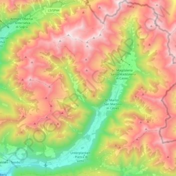Mapa topográfico Gsies, altitud, relieve