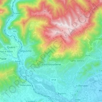 Mapa topográfico Valdobbiadene, altitud, relieve
