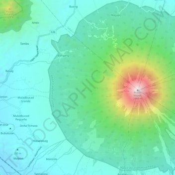 Mapa topográfico Mayon Volcano, altitud, relieve