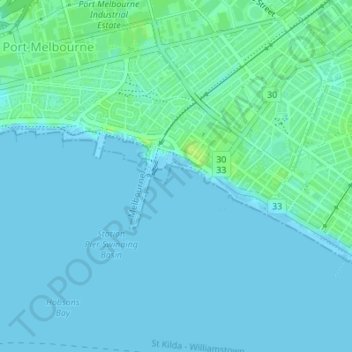 Mapa topográfico Port Melbourne Beach, altitud, relieve