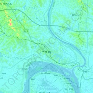 Mapa topográfico Việt Trì, altitud, relieve