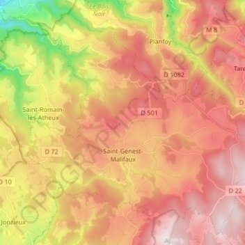 Mapa topográfico Saint-Genest-Malifaux, altitud, relieve
