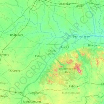 Mapa topográfico Baloda Bazar, altitud, relieve