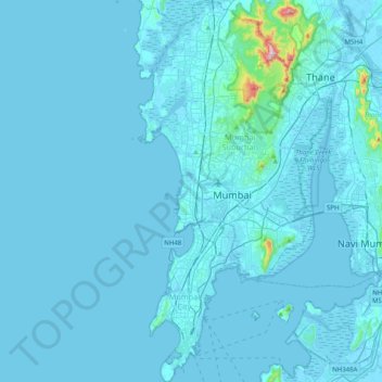 Mapa topográfico Mumbai, altitud, relieve