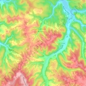 Mapa topográfico Saint-Amand-de-Coly, altitud, relieve