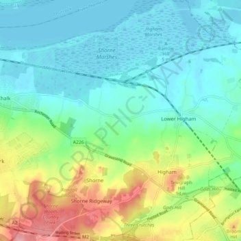 Mapa topográfico Shorne, altitud, relieve