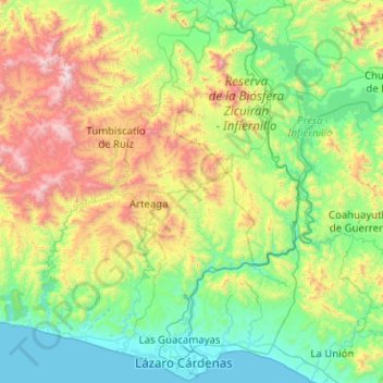 Mapa topográfico Arteaga, altitud, relieve