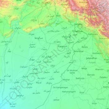 Mapa topográfico Chenab River, altitud, relieve