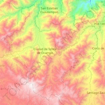 Mapa topográfico Tetela de Ocampo, altitud, relieve