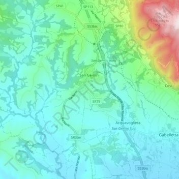 Mapa topográfico San Gemini, altitud, relieve