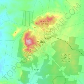 Mapa topográfico Maldon, altitud, relieve