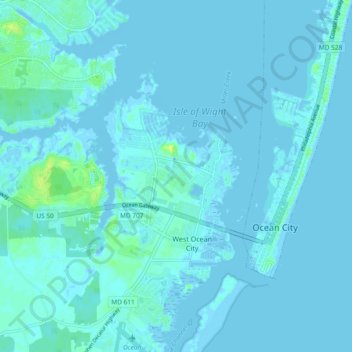 Mapa topográfico West Ocean City, altitud, relieve