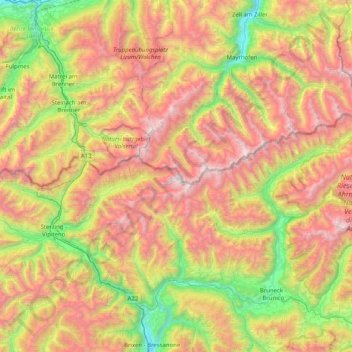 Mapa topográfico Zillertal Alps, altitud, relieve