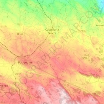 Mapa topográfico Castellana Grotte, altitud, relieve