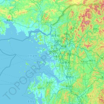 Mapa topográfico Incheon, altitud, relieve